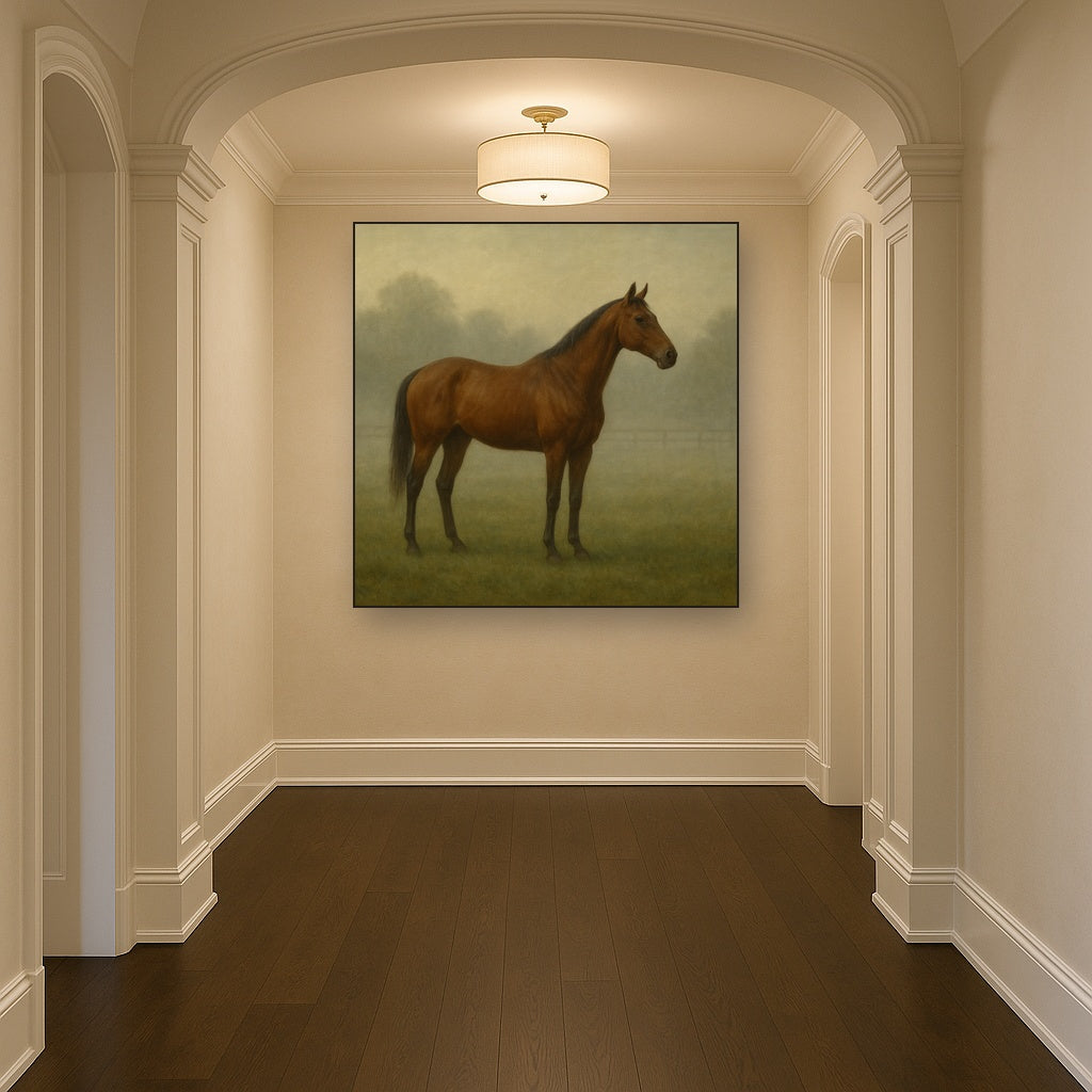 Thoroughbred in Morning Pasture Mist No. 7 Oil Painting - View 5