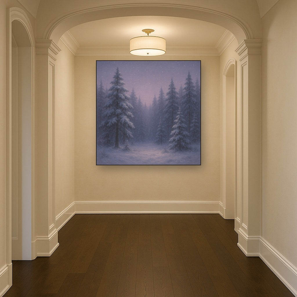 Quiet Pine Forest in Gentle Twilight Snow No. 10 Oil Painting Staged in Bright Entryway and Hallway Gallery Wall, Hand Painted Fine Art on Linen