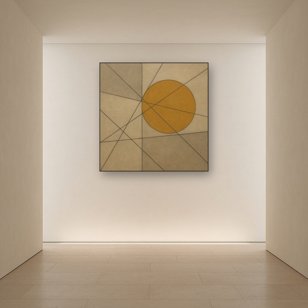Abstract Tangent Lines & Earthy Ochre Disc No. 3 Oil Painting - View 5