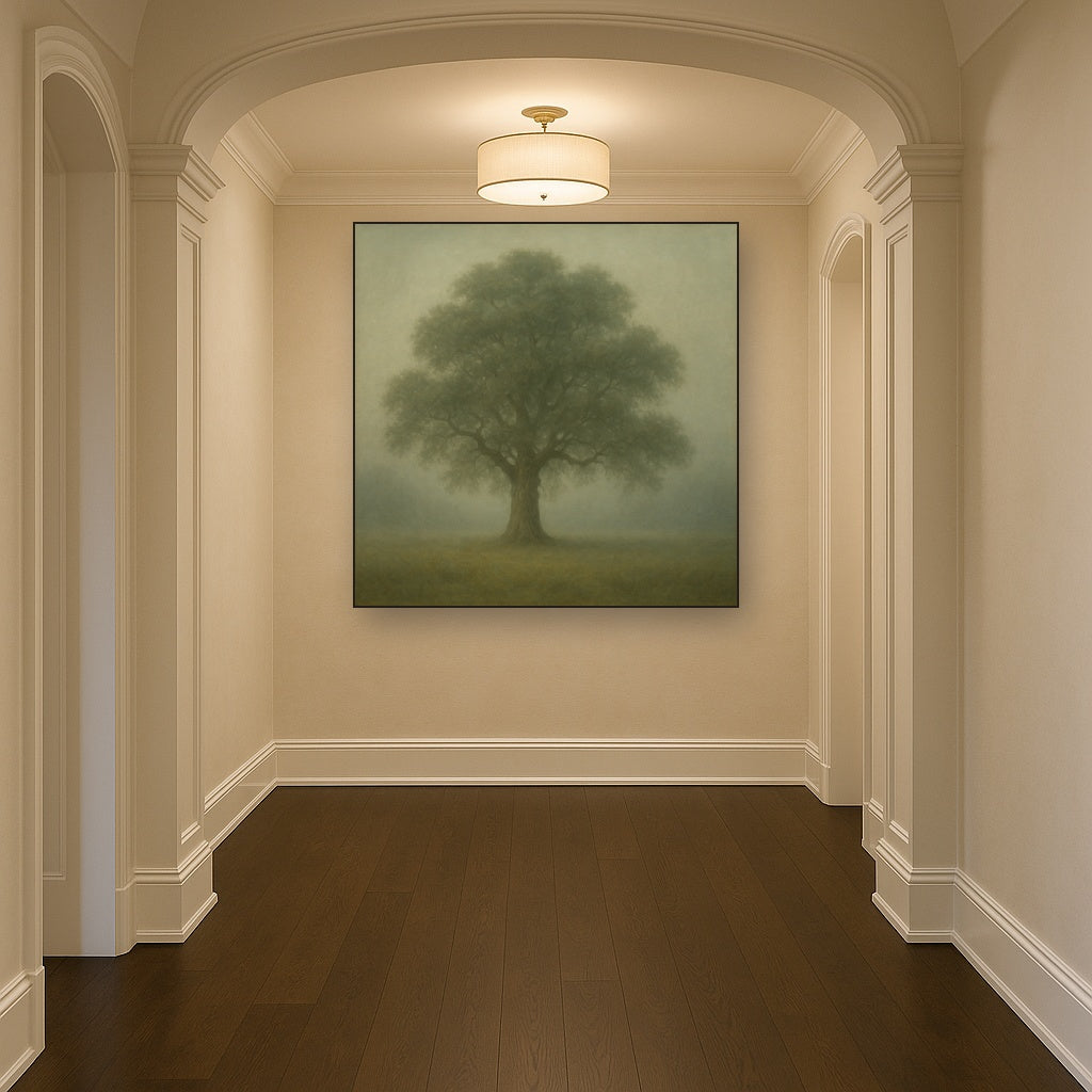 Ancient Solitary Oak in Morning Fog No. 2 Oil Painting Staged in Bright Entryway and Hallway Gallery Wall, Hand Painted Fine Art on Linen