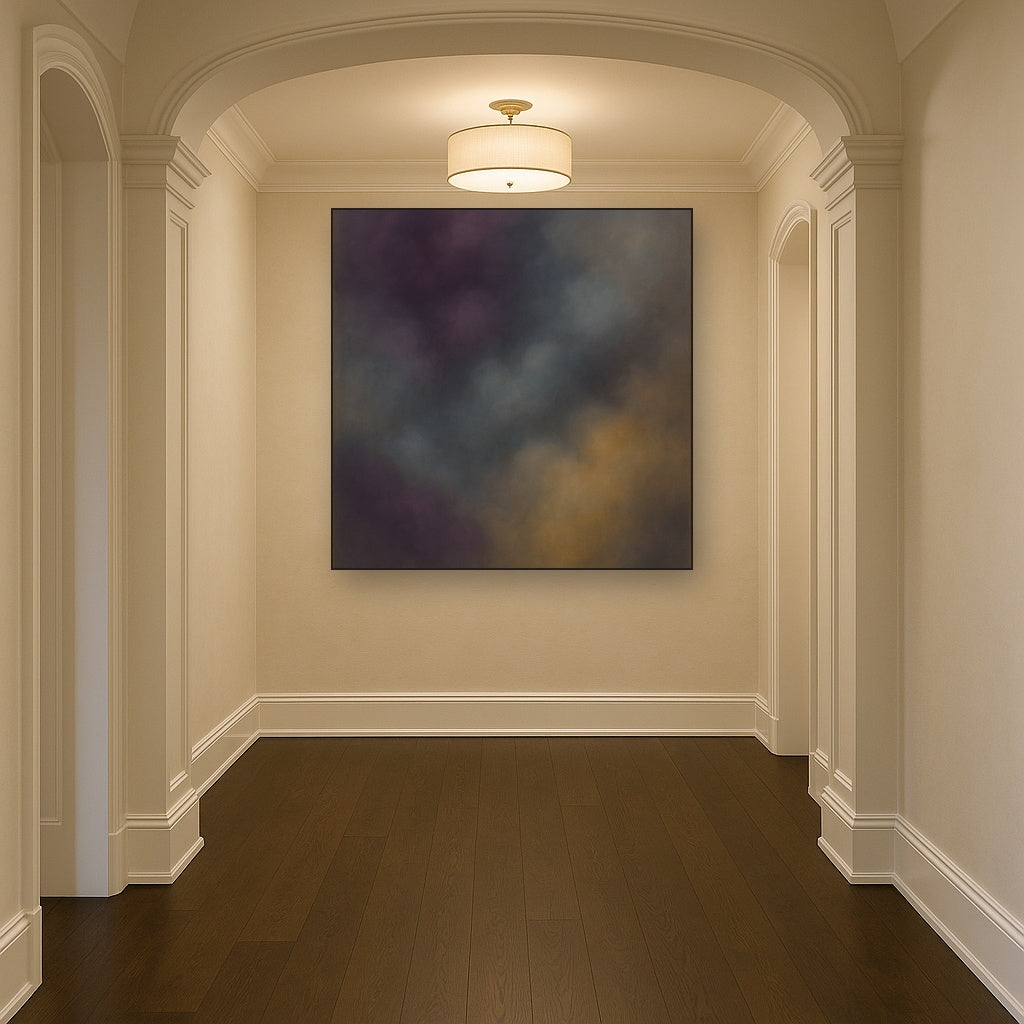 Gilded Plum & Soft Smoke Cloud Harmony No. 20 Oil Painting Staged in Bright Entryway and Hallway Gallery Wall, Hand Painted Fine Art on Linen