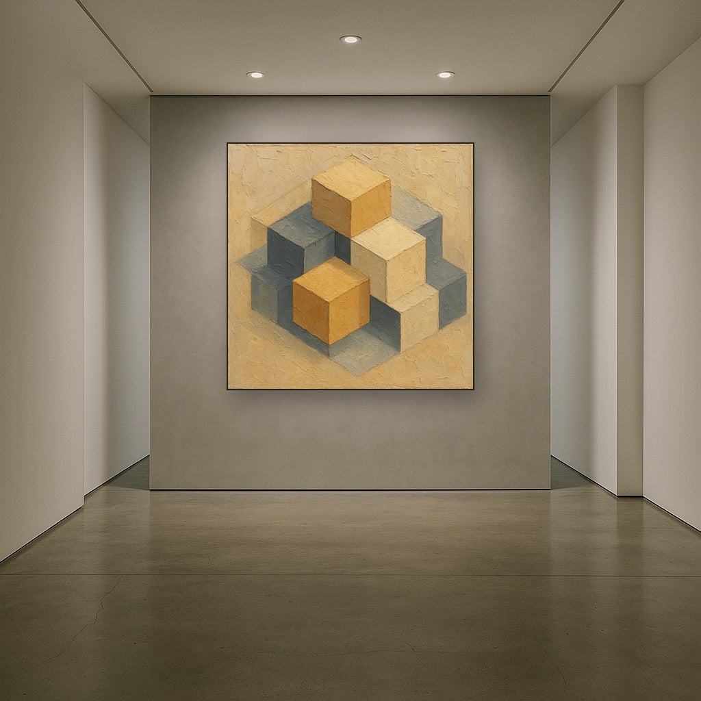 Concentric Cube Geometry Oil Painting - Styled in Entryway Hallway