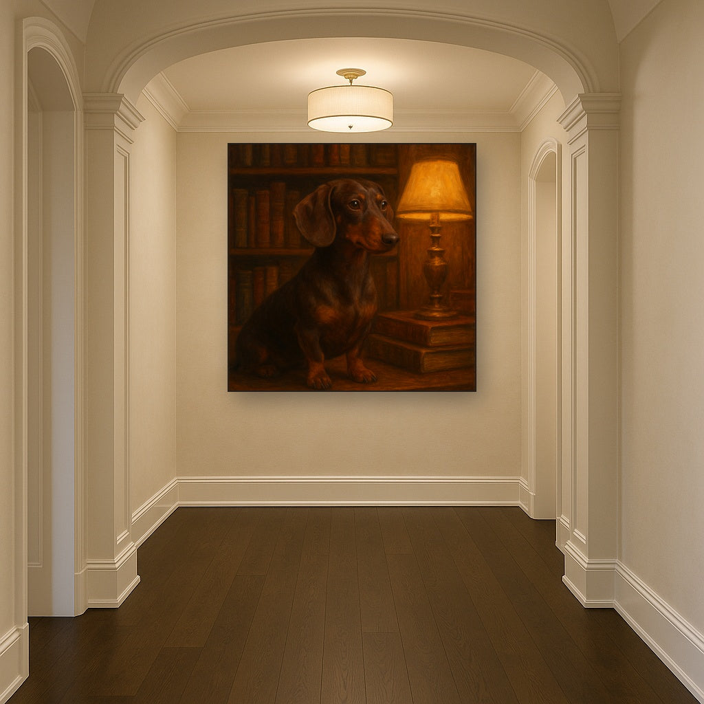 Smooth Dachshund in Moody Library Study No. 12 Fine Art Oil Painting - View 5