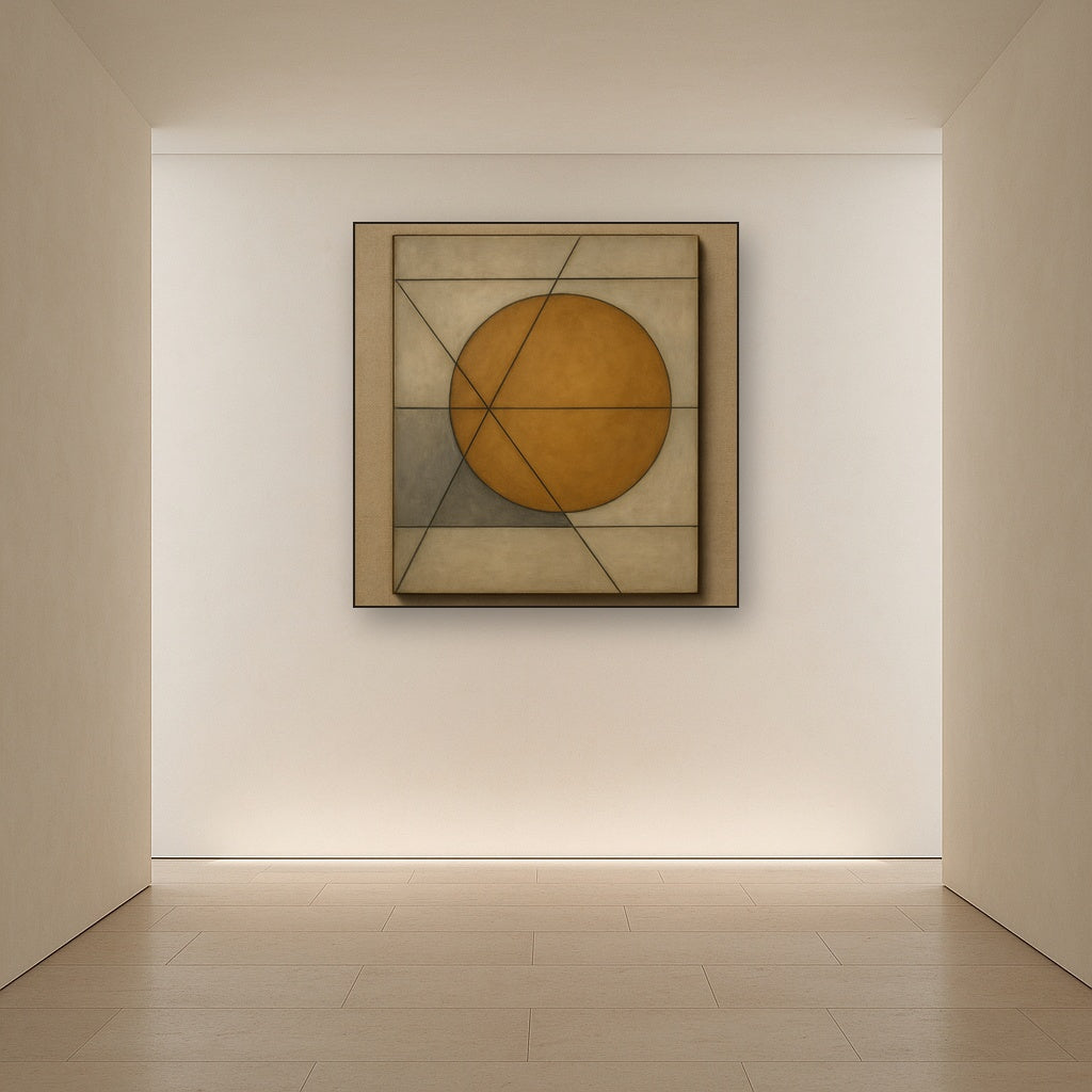Abstract Tangent Lines & Earthy Ochre Disc No. 20 Oil Painting - View 5
