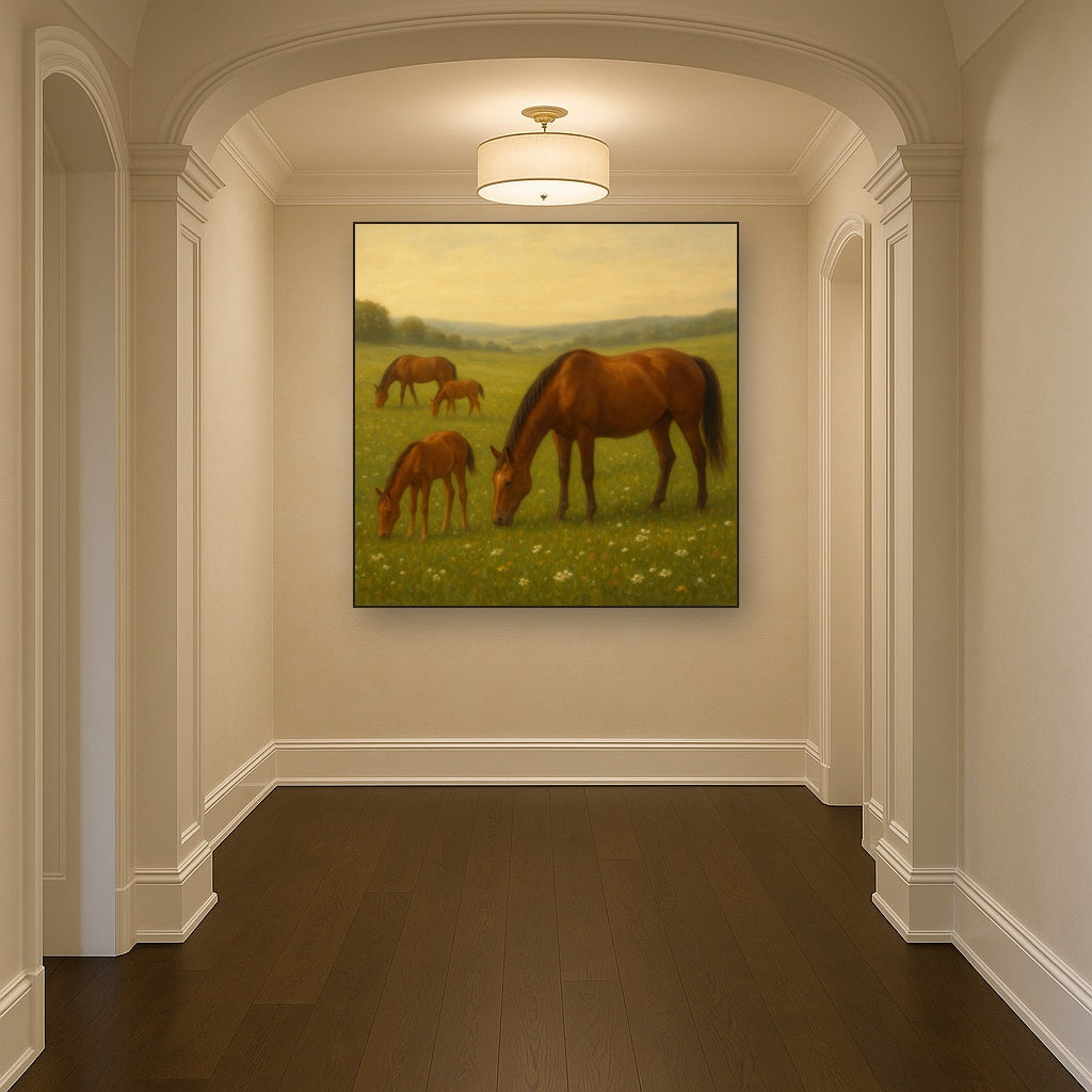 Mares & Foals Grazing in Rolling Meadow No. 8 Oil Painting - View 5