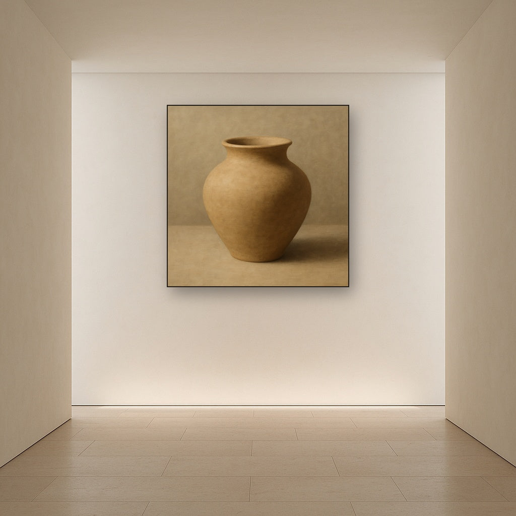 Organic Clay Vessel & Solitary Shadow No. 12 Oil Painting Staged in Bright Entryway and Hallway Gallery Wall, Hand Painted Fine Art on Linen
