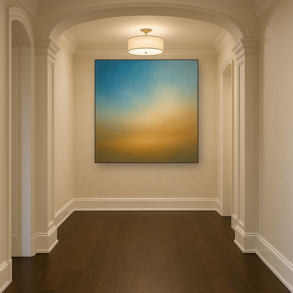 Celestial Azure & Warm Ochre Equilibrium No. 18 Oil Painting Staged in Bright Entryway and Hallway Gallery Wall, Hand Painted Fine Art on Linen