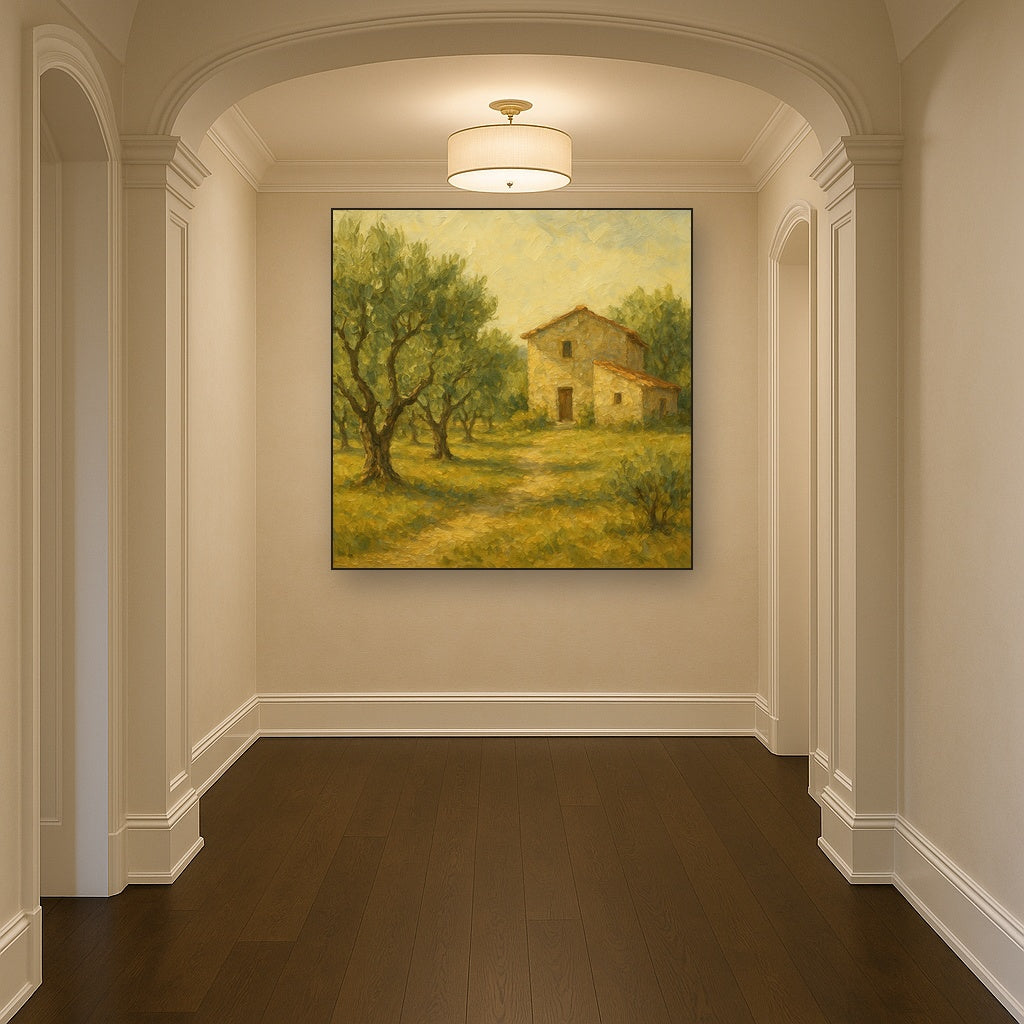 Vintage Olive Grove & Stone Farmhouse Oil Painting - Styled in Entryway Hallway