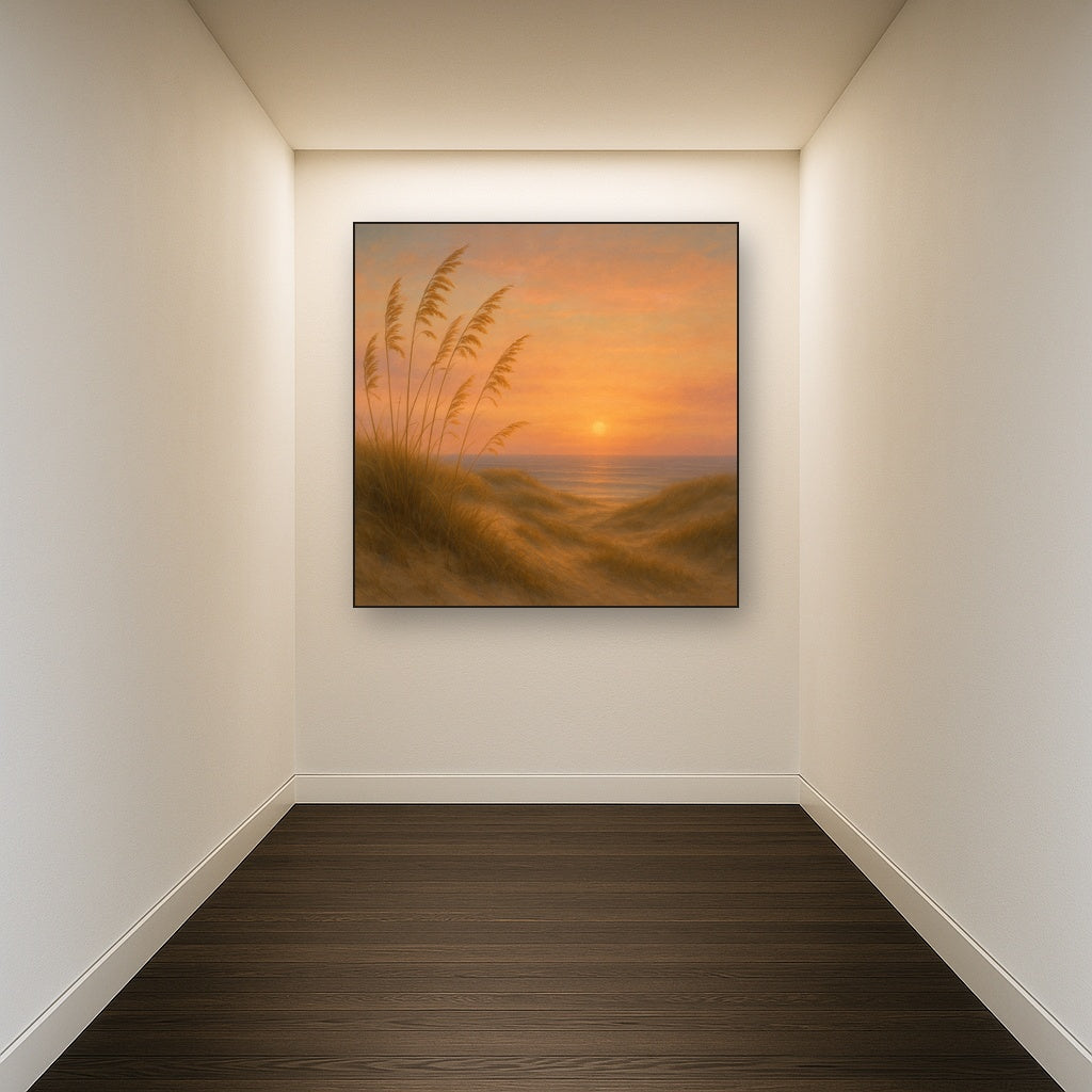 Sea Oats on Rolling Coastal Dunes at Sunset No. 2 Oil Painting Staged in Bright Entryway and Hallway Gallery Wall, Hand Painted Fine Art on Linen