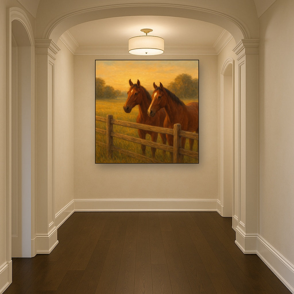 Two Horses at Rustic Post & Rail Fence No. 20 Oil Painting - View 5
