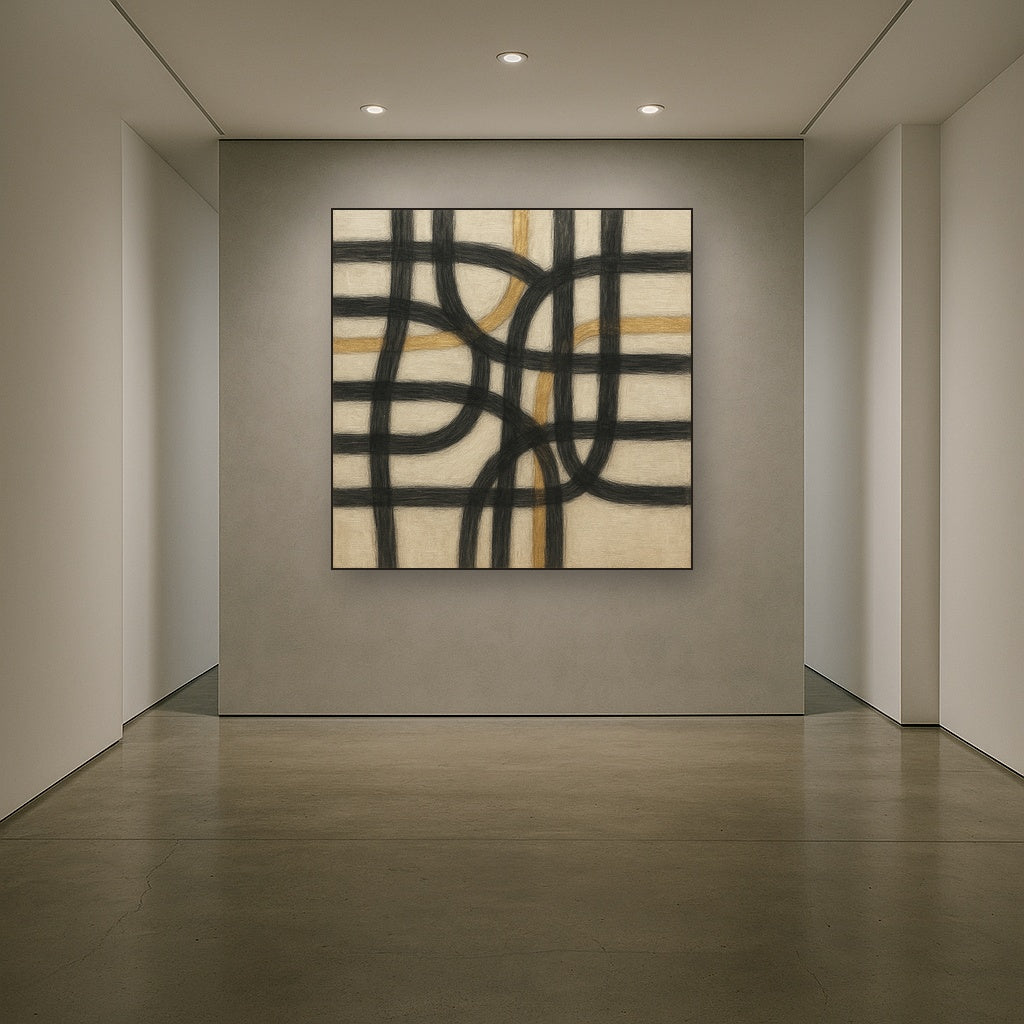 Abstract Woven Line Matrix in Charcoal & Gold Fine Art Oil Painting - View 5