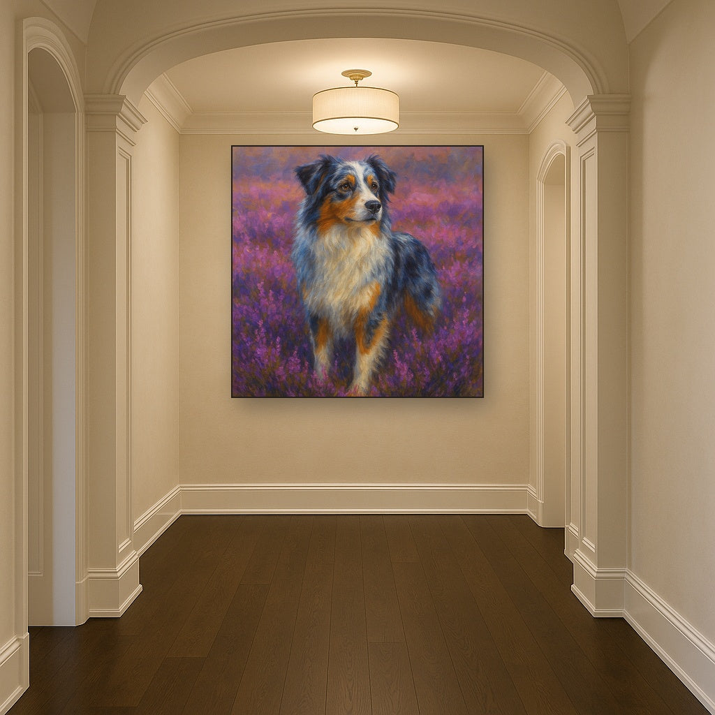 Australian Shepherd in Blooming Heather Field No. 11 Fine Art Oil Painting - View 5
