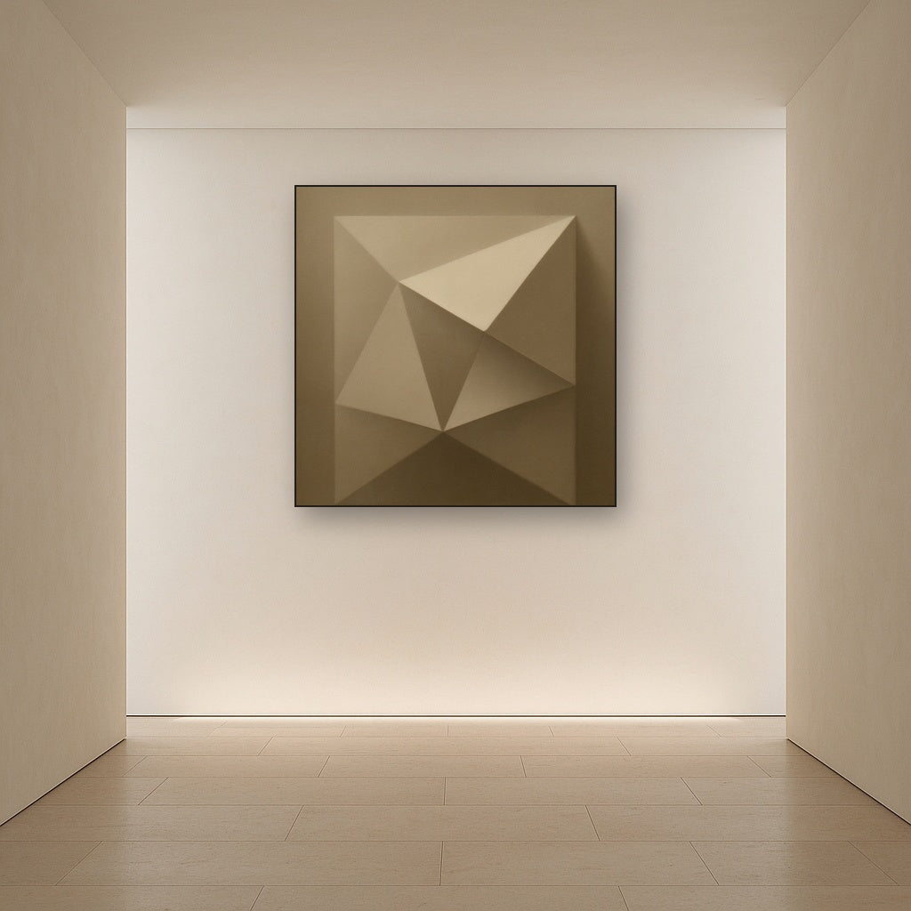 Folded Paper Geometry in Neutral Gradient Shadows No. 20 Oil Painting Staged in Bright Entryway and Hallway Gallery Wall, Hand Painted Fine Art on Linen