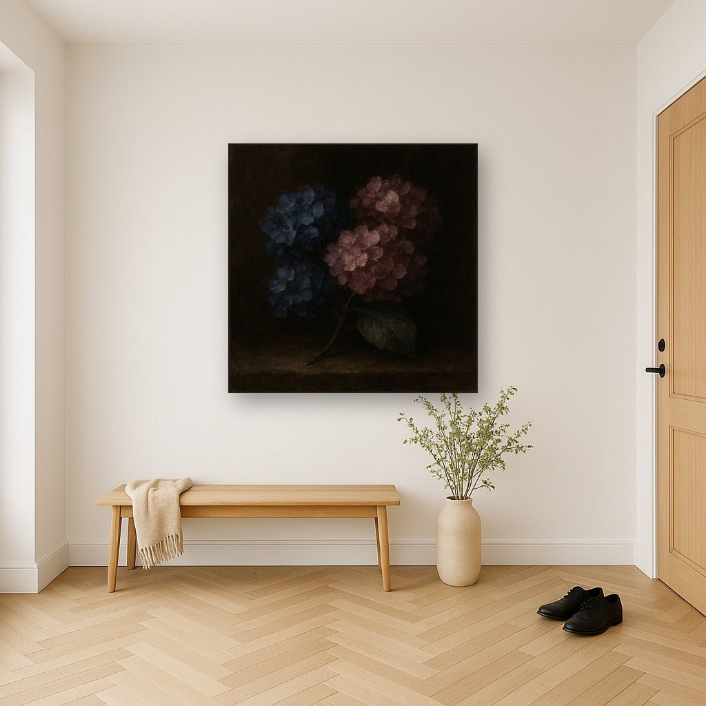 Moody Dark Hydrangea Floral Oil Painting - Styled in Entryway Hallway