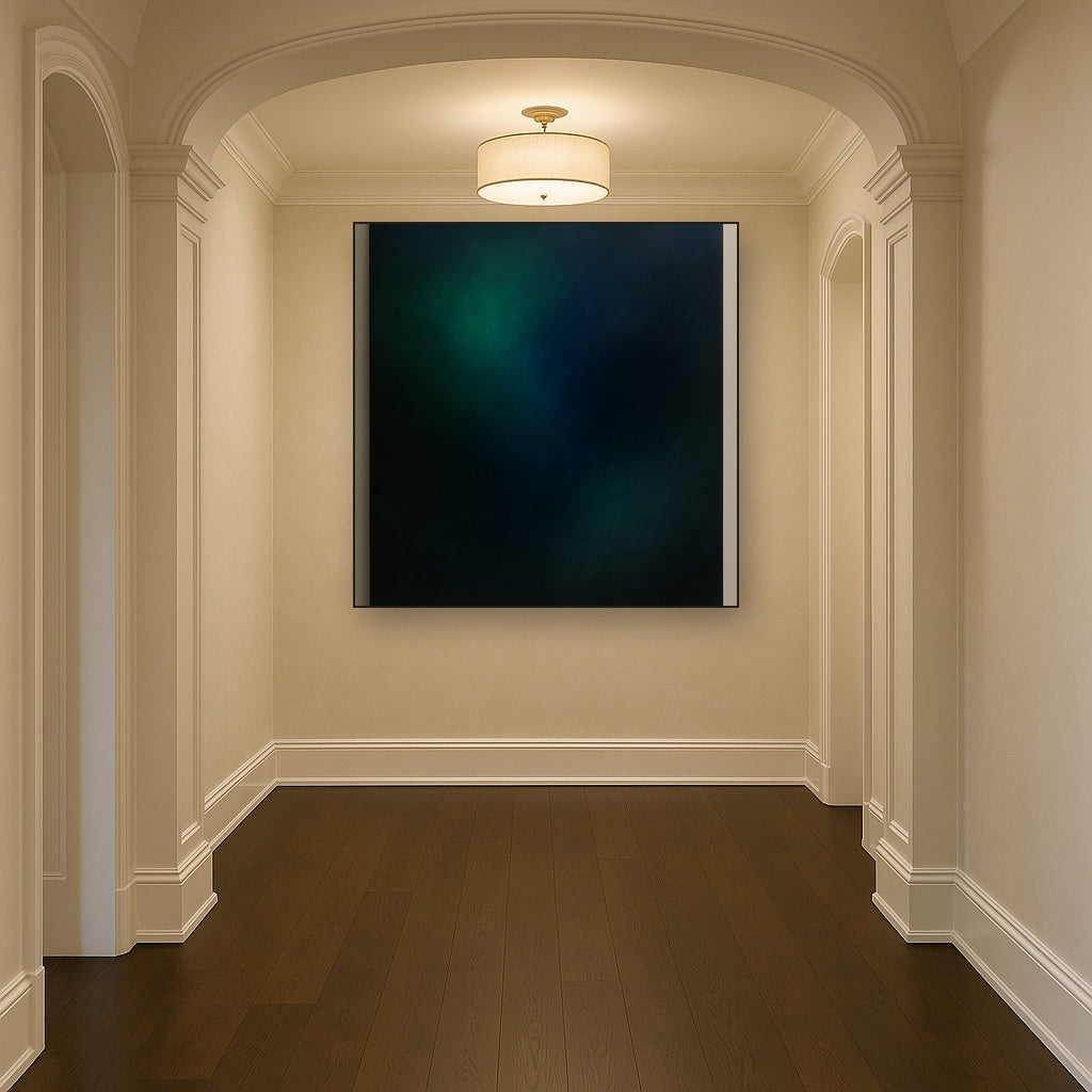 Emerald & Midnight Sapphire Sfumato Immersion No. 8 Oil Painting Staged in Bright Entryway and Hallway Gallery Wall, Hand Painted Fine Art on Linen