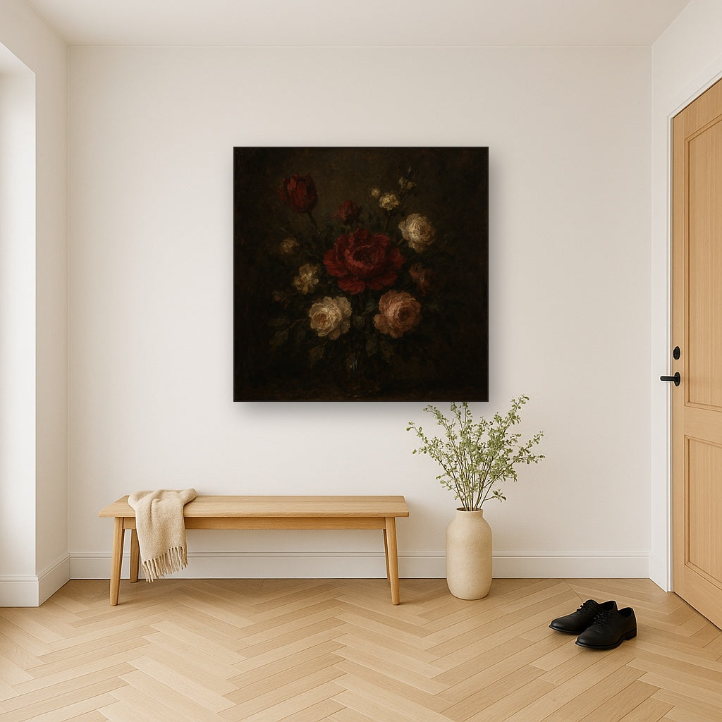 Dutch Golden Age Moody Floral Still Life No. 3 Oil Painting - Styled in Entryway Hallway