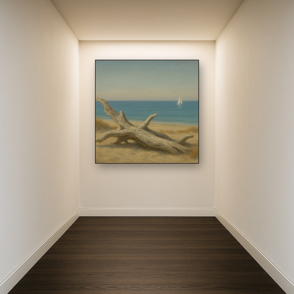 Sun-Bleached Driftwood & Distant Sailboat No. 11 Oil Painting - View 5