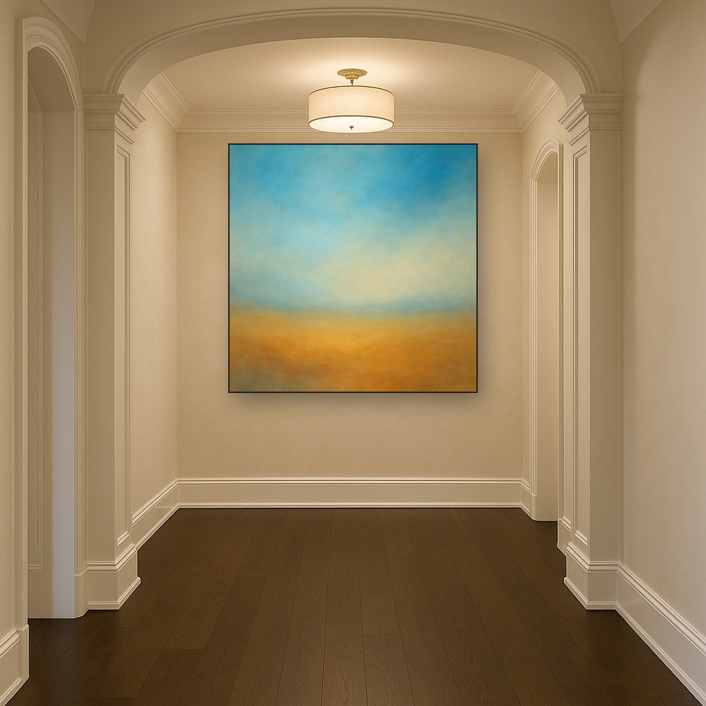 Celestial Azure & Warm Ochre Equilibrium No. 16 Oil Painting Staged in Bright Entryway and Hallway Gallery Wall, Hand Painted Fine Art on Linen