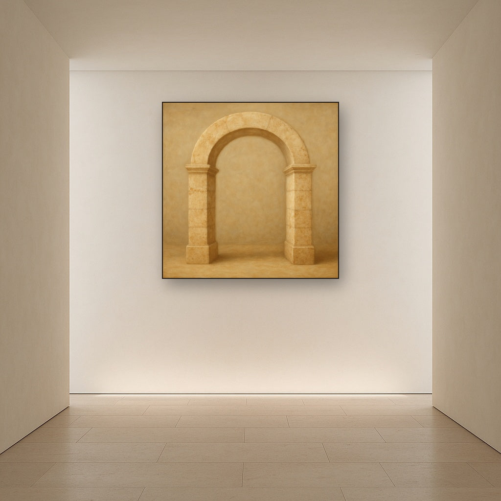 Travertine Stone Arch & Earth Tones No. 16 Oil Painting Staged in Bright Entryway and Hallway Gallery Wall, Hand Painted Fine Art on Linen