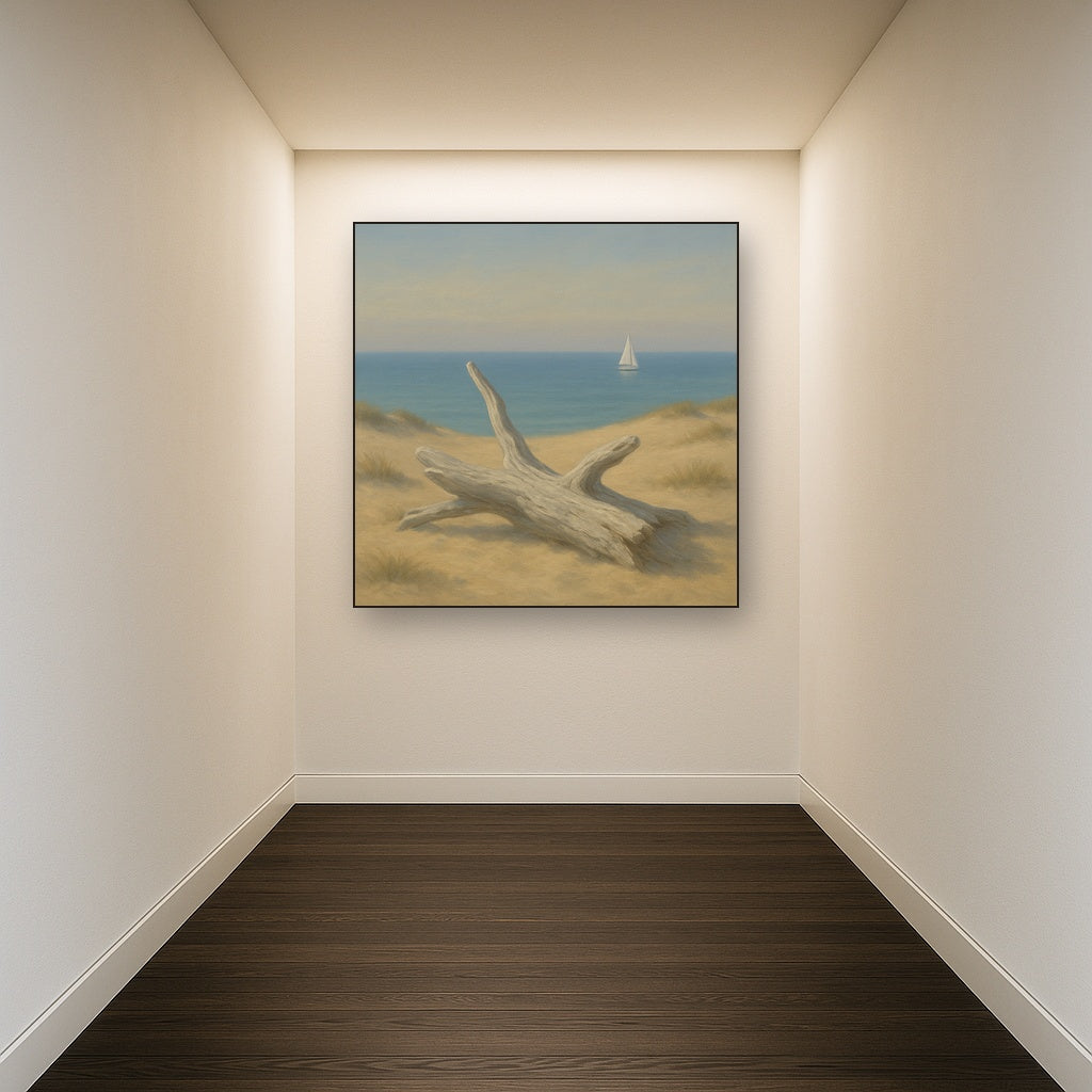 Sun-Bleached Driftwood & Distant Sailboat No. 10 Oil Painting Staged in Bright Entryway and Hallway Gallery Wall, Hand Painted Fine Art on Linen