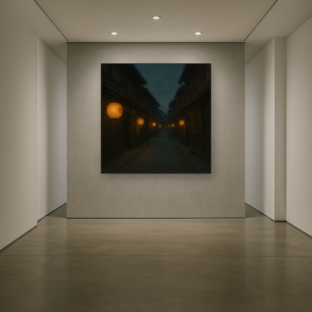 Old Kyoto Gion Alley in Soft Lantern Light No. 28 Oil Painting Staged in Bright Entryway and Hallway Gallery Wall, Hand Painted Fine Art on Linen