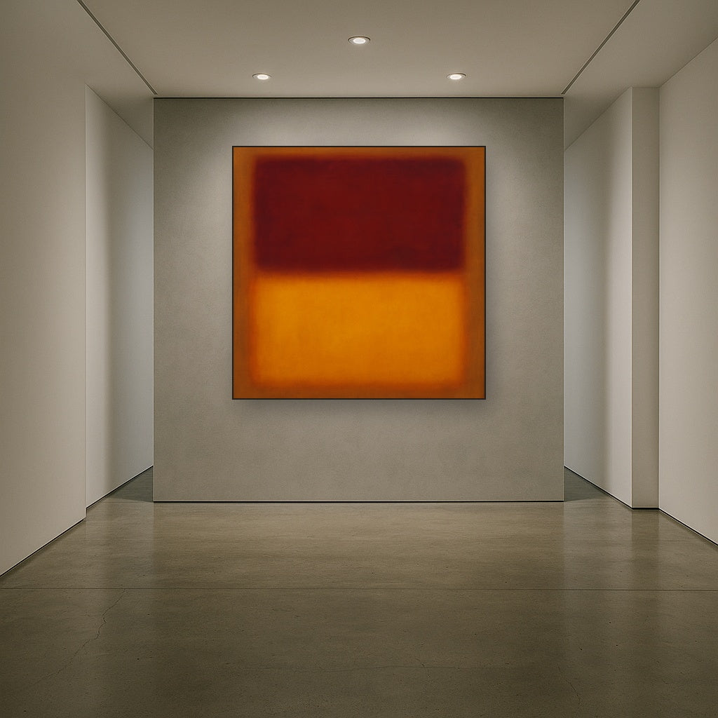 Crimson Burgundy & Saffron Gold Color Vibrations Oil Painting Staged in Bright Entryway and Hallway Gallery Wall, Hand Painted Fine Art on Linen