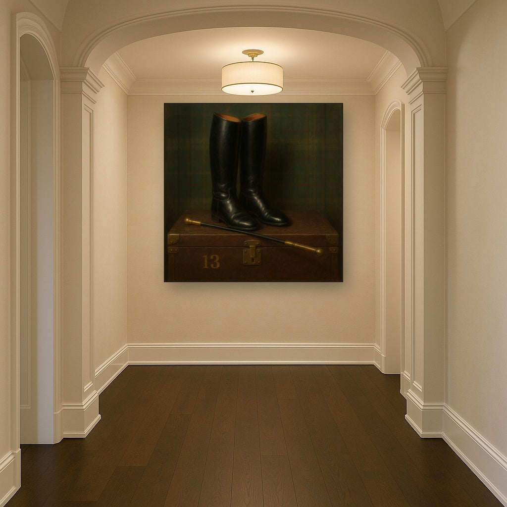 Vintage Riding Boots & Brass Crop on Trunk No. 13 Oil Painting Staged in Bright Entryway and Hallway Gallery Wall, Hand Painted Fine Art on Linen