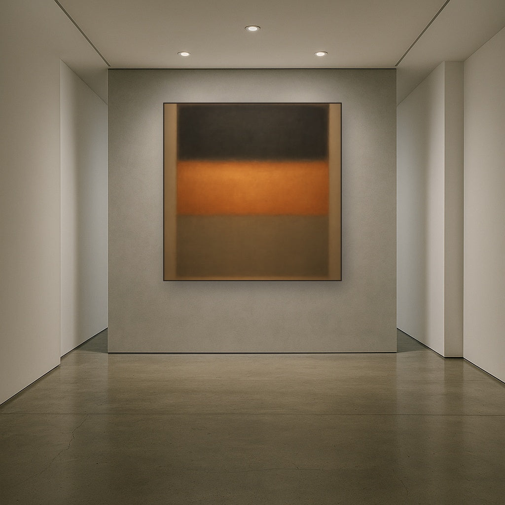 Charcoal Slate & Burnished Copper Horizon No. 23 Oil Painting Staged in Bright Entryway and Hallway Gallery Wall, Hand Painted Fine Art on Linen