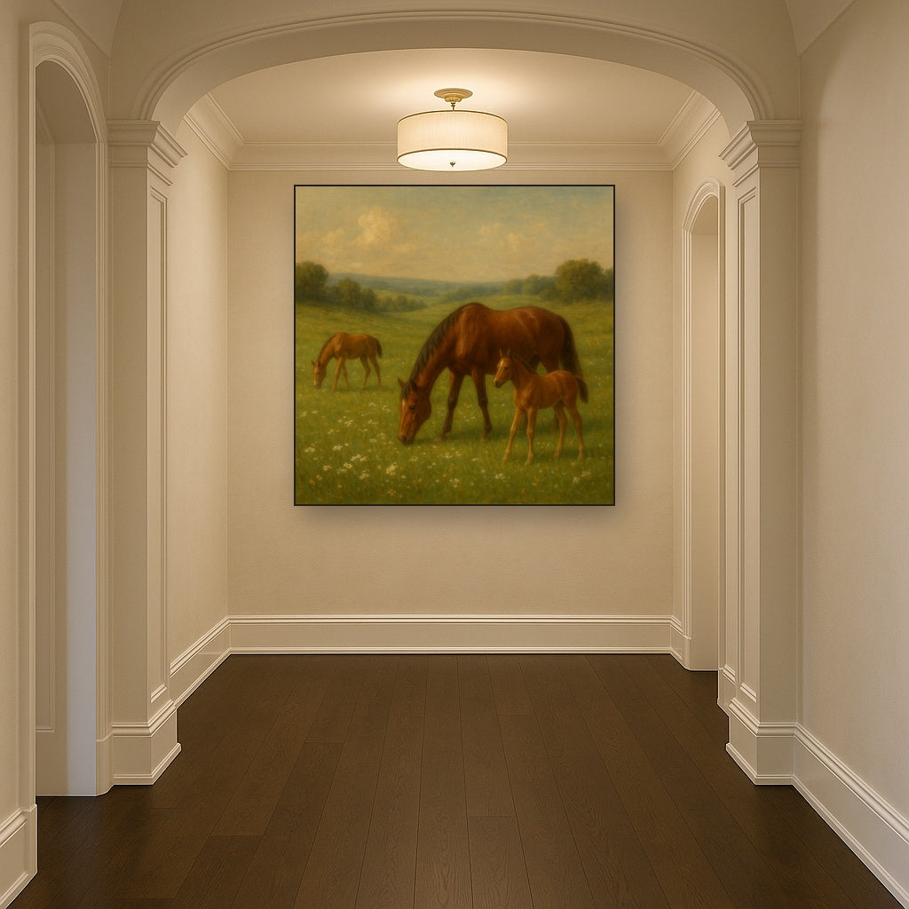 Mares & Foals Grazing in Rolling Meadow Oil Painting Staged in Bright Entryway and Hallway Gallery Wall, Hand Painted Fine Art on Linen