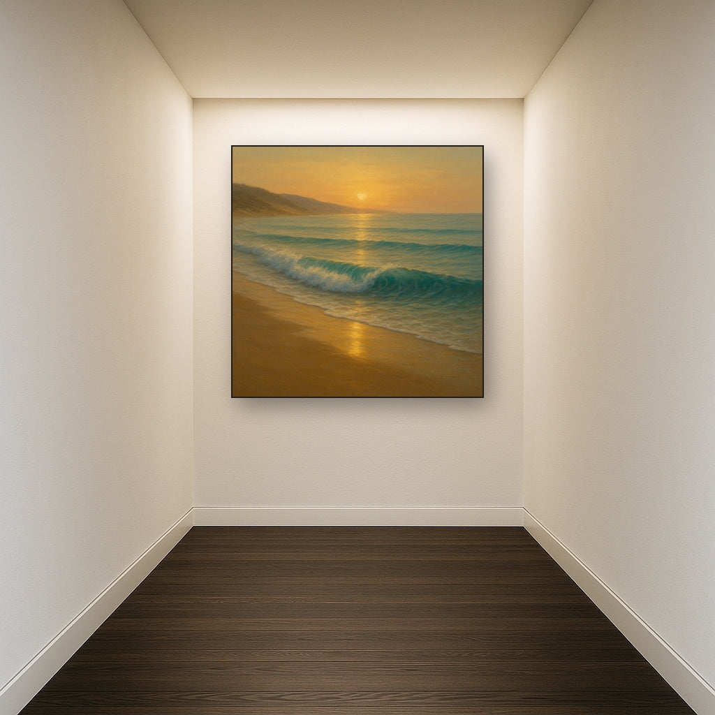 Gentle Breaking Waves & Wet Beach Reflection No. 12 Oil Painting Staged in Bright Entryway and Hallway Gallery Wall, Hand Painted Fine Art on Linen