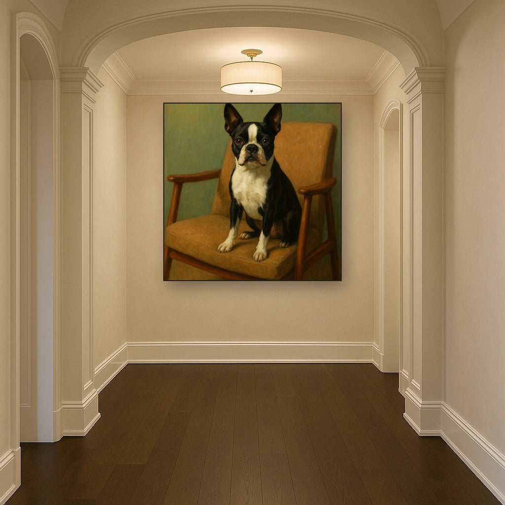 Boston Terrier in Warm Mid-Century Armchair Fine Art Oil Painting - View 5