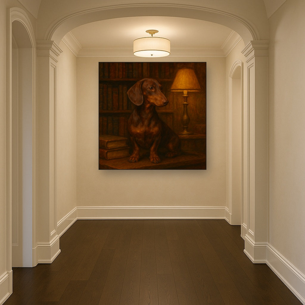 Smooth Dachshund in Moody Library Study No. 8 Fine Art Oil Painting - View 5
