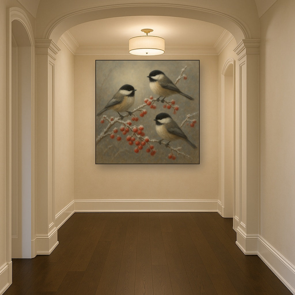 Winter Birds on Frosty Red Berry Branch No. 3 Oil Painting - View 5