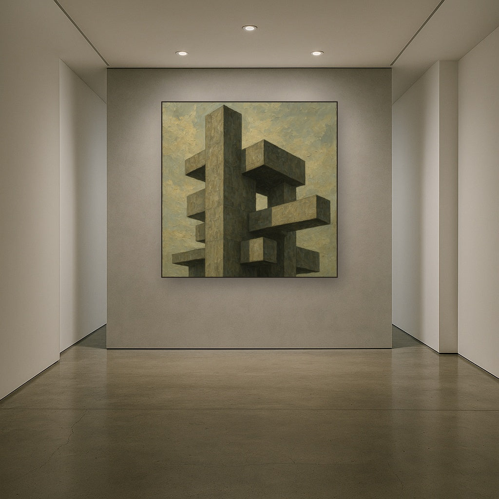 Brutalist Concrete Monolith & Sky No. 7 Oil Painting - Styled in Entryway Hallway