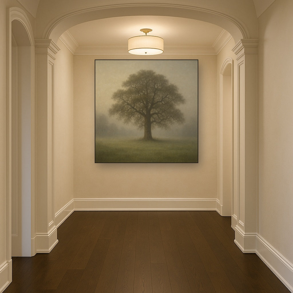 Ancient Solitary Oak in Morning Fog No. 3 Oil Painting - View 5