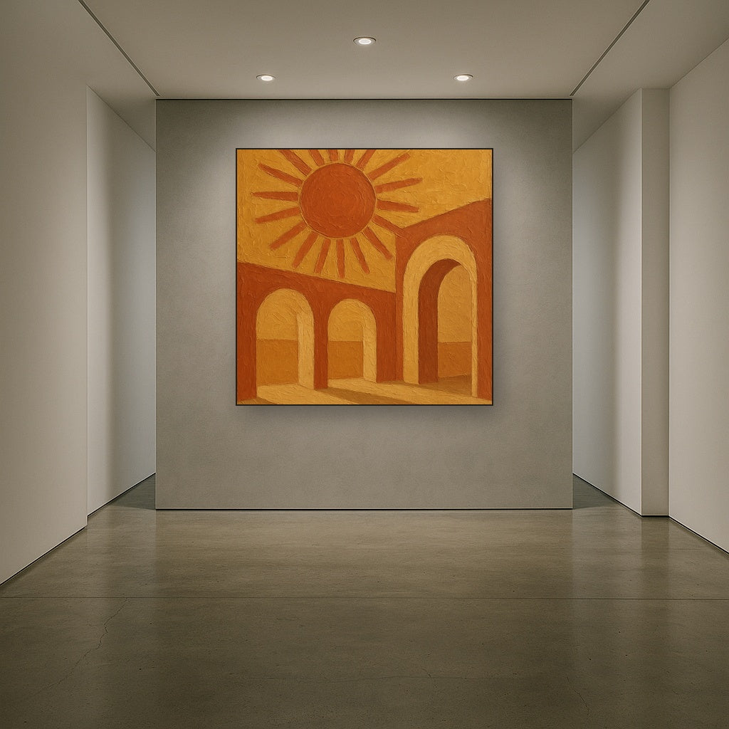 Mid-Century Terracotta Sun & Arches No. 4 Oil Painting - Styled in Entryway Hallway