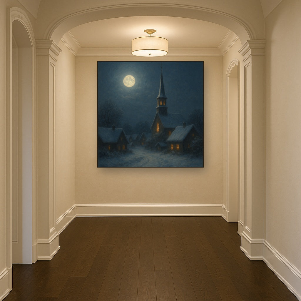 Moonlight Over Snowy Village Steeple No. 10 Oil Painting - View 5