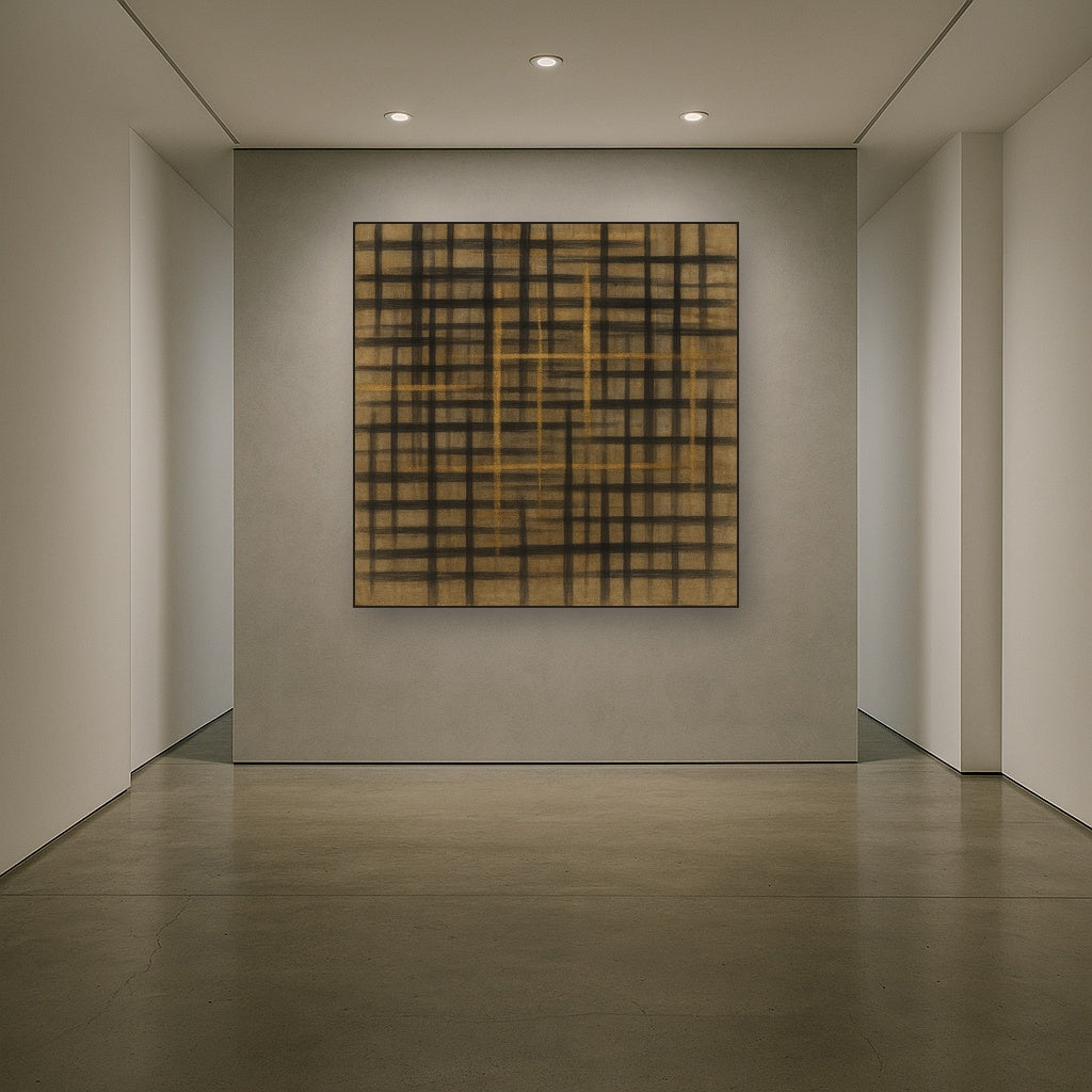Abstract Woven Line Matrix in Charcoal & Gold No. 12 Fine Art Oil Painting - View 5