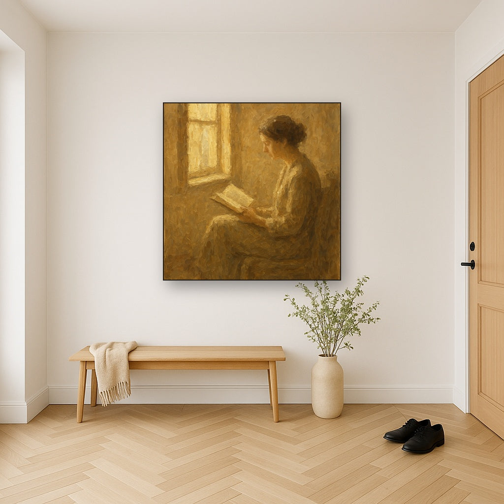 Quiet Reading Figure Figurative Oil Painting - Styled in Entryway Hallway