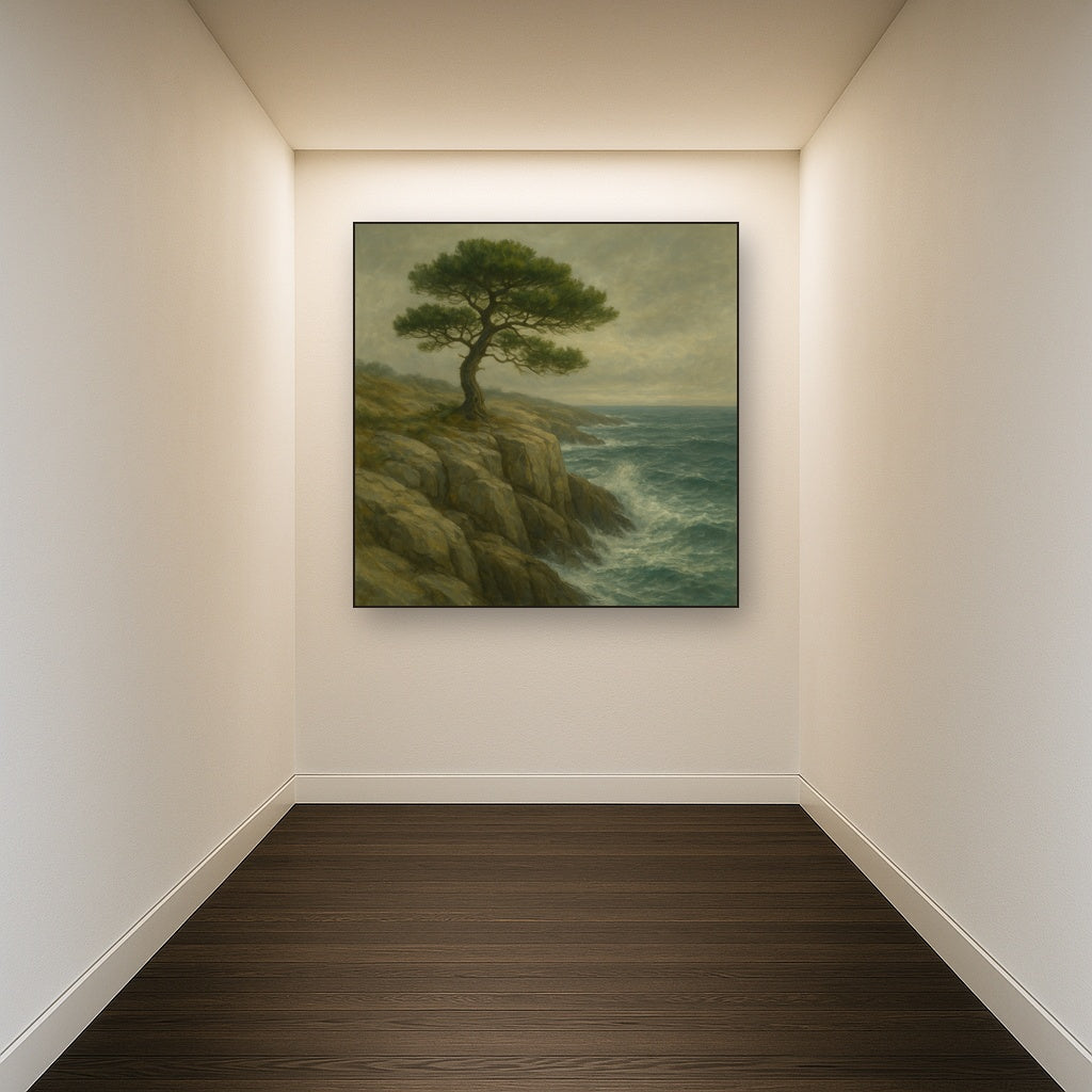 Wild Coastal Pine on Stormy Granite Cliff No. 5 Oil Painting - View 5