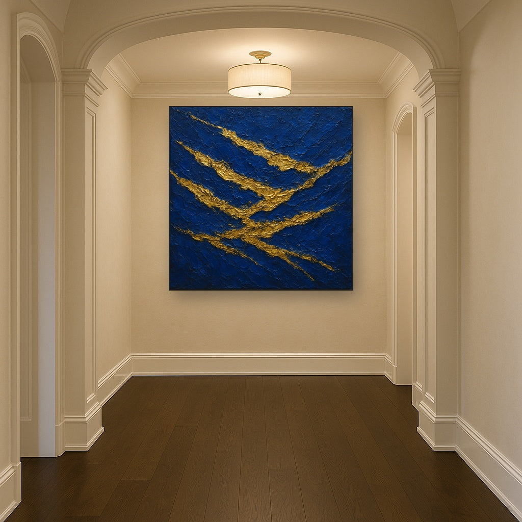 Imperial Sapphire & Gilded Strata Luxury Oil Painting - Styled in Entryway Hallway