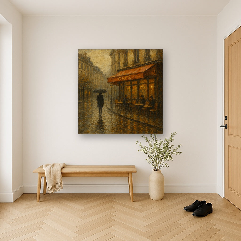 Parisian Cafe Rain Reflections No. 2 Oil Painting - Styled in Entryway Hallway