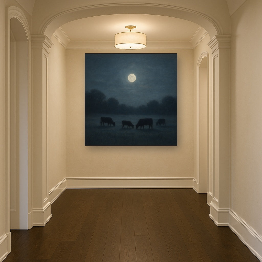 Moonlit Pastoral Meadow & Cattle Silhouettes No. 10 Oil Painting - View 5