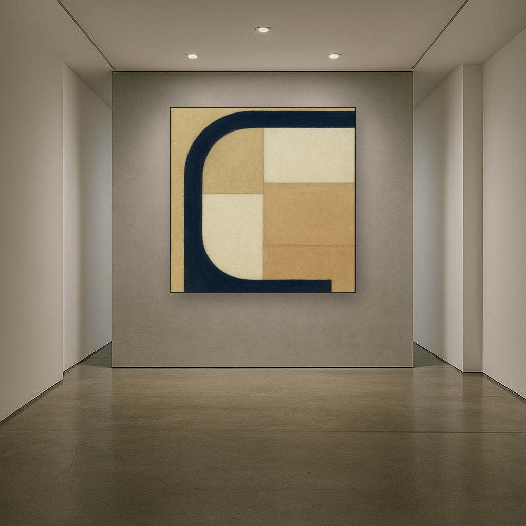 Navy & Warm Beige Geometric Line Balance No. 7 Fine Art Oil Painting - View 5