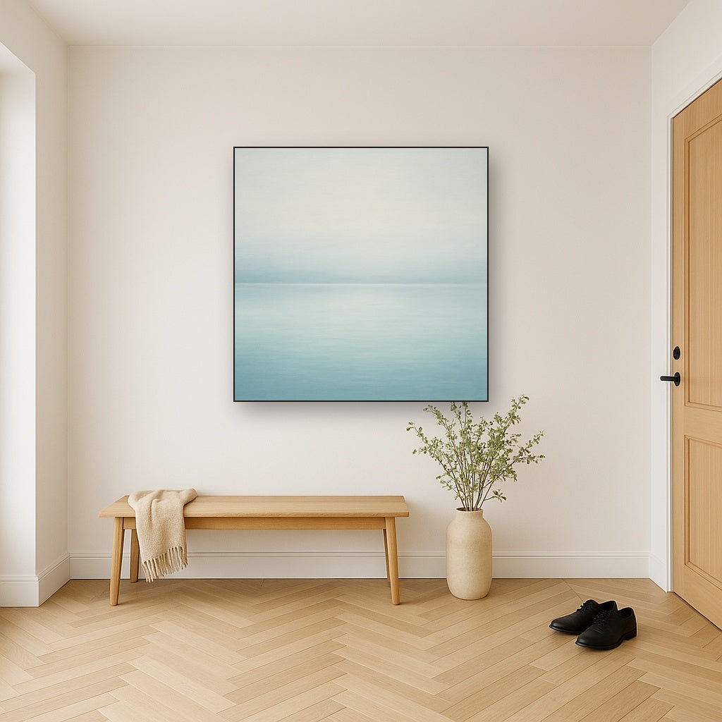 Glass Horizon over Quiet Arctic Waters No. 11 Oil Painting Staged in Bright Entryway and Hallway Gallery Wall, Hand Painted Fine Art on Linen