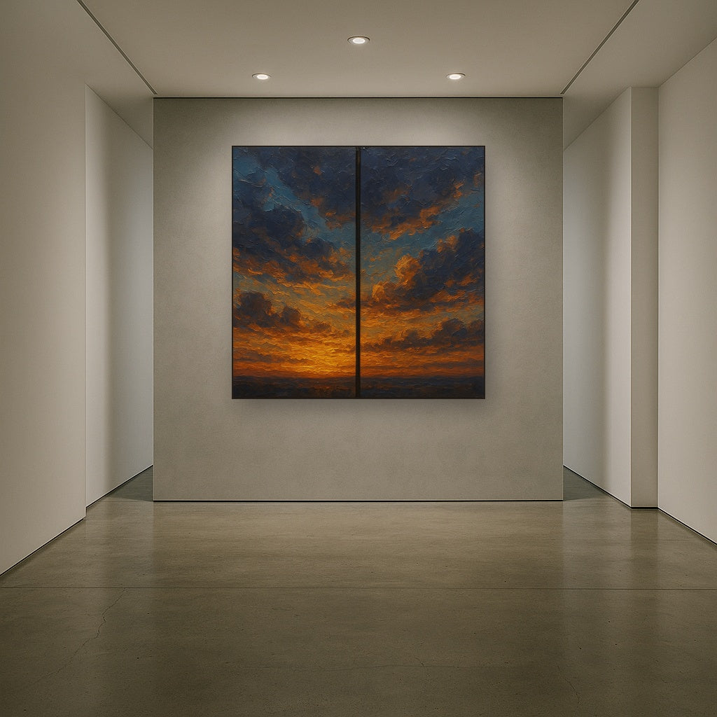 Luminescent Twilight Cloud Diptych Oil Painting - Styled in Entryway Hallway