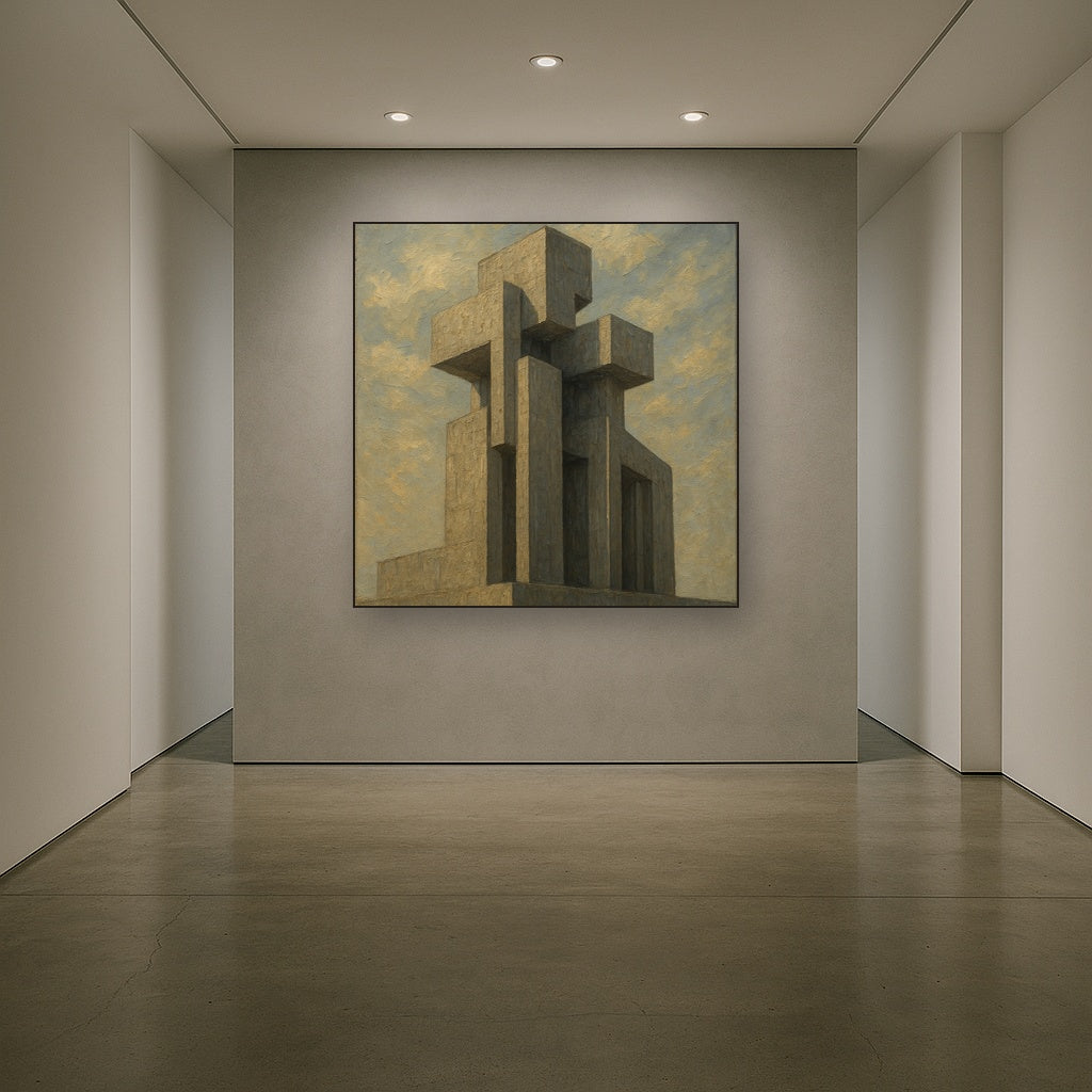 Brutalist Concrete Monolith & Sky No. 2 Oil Painting - Styled in Entryway Hallway