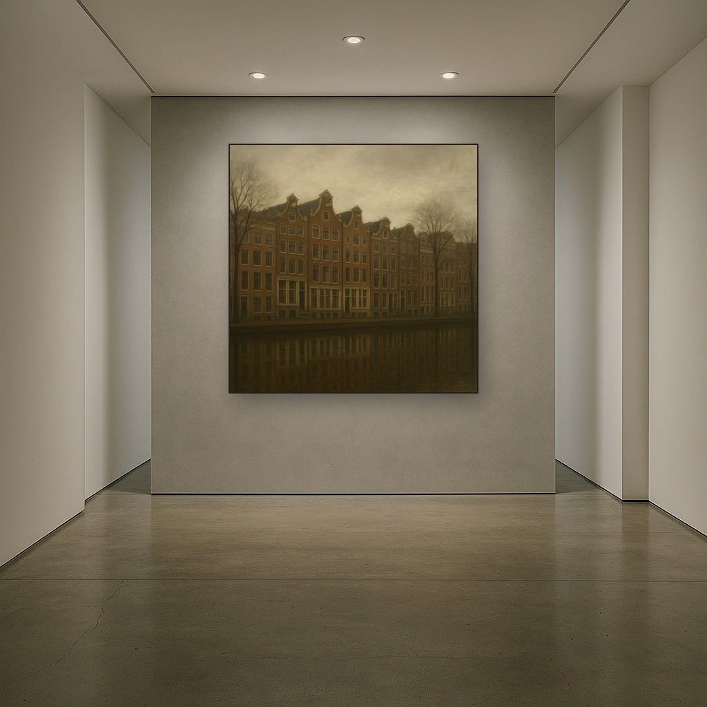Amsterdam Canal Houses Under Overcast Sky No. 6 Oil Painting Staged in Bright Entryway and Hallway Gallery Wall, Hand Painted Fine Art on Linen