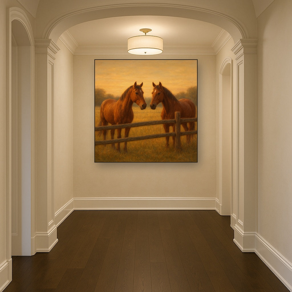 Two Horses at Rustic Post & Rail Fence No. 5 Oil Painting Staged in Bright Entryway and Hallway Gallery Wall, Hand Painted Fine Art on Linen