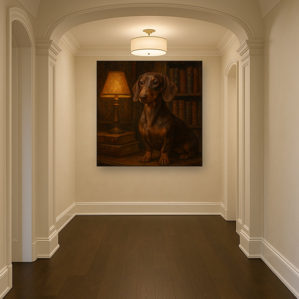 Smooth Dachshund in Moody Library Study No. 17 Fine Art Oil Painting - View 5